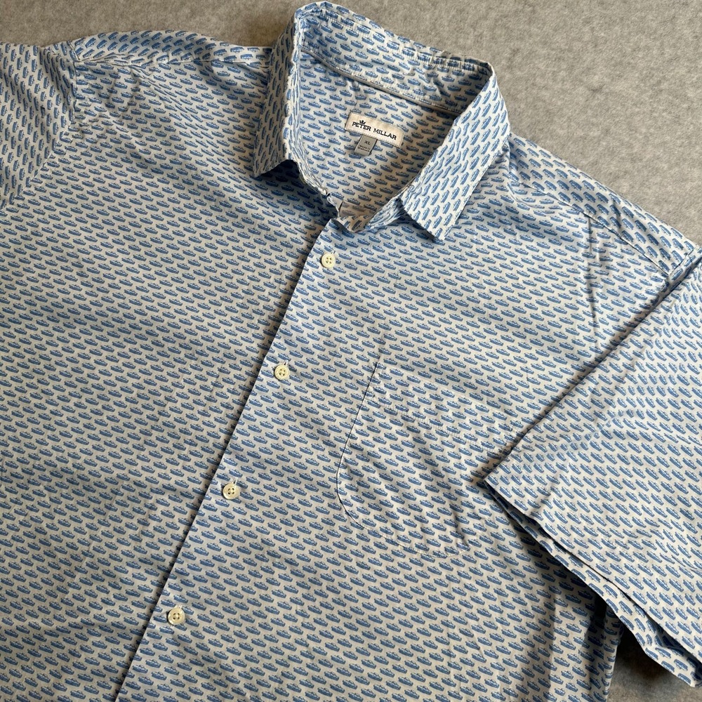 Peter Millar Shirt Mens XL Blue Vintage Car Graphic Print Short Sleeve Button Up